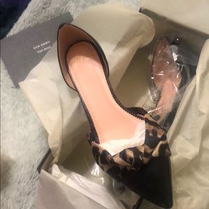 Pointed-toe knot flats in leather & leopard satin